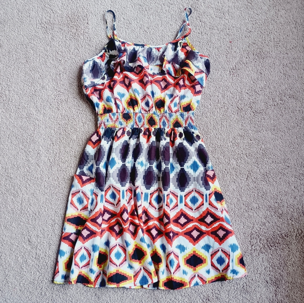 XHILARATION Women's Jr's Sz M Sundress Dress‎ Ruffle Geometry Strap Y2K